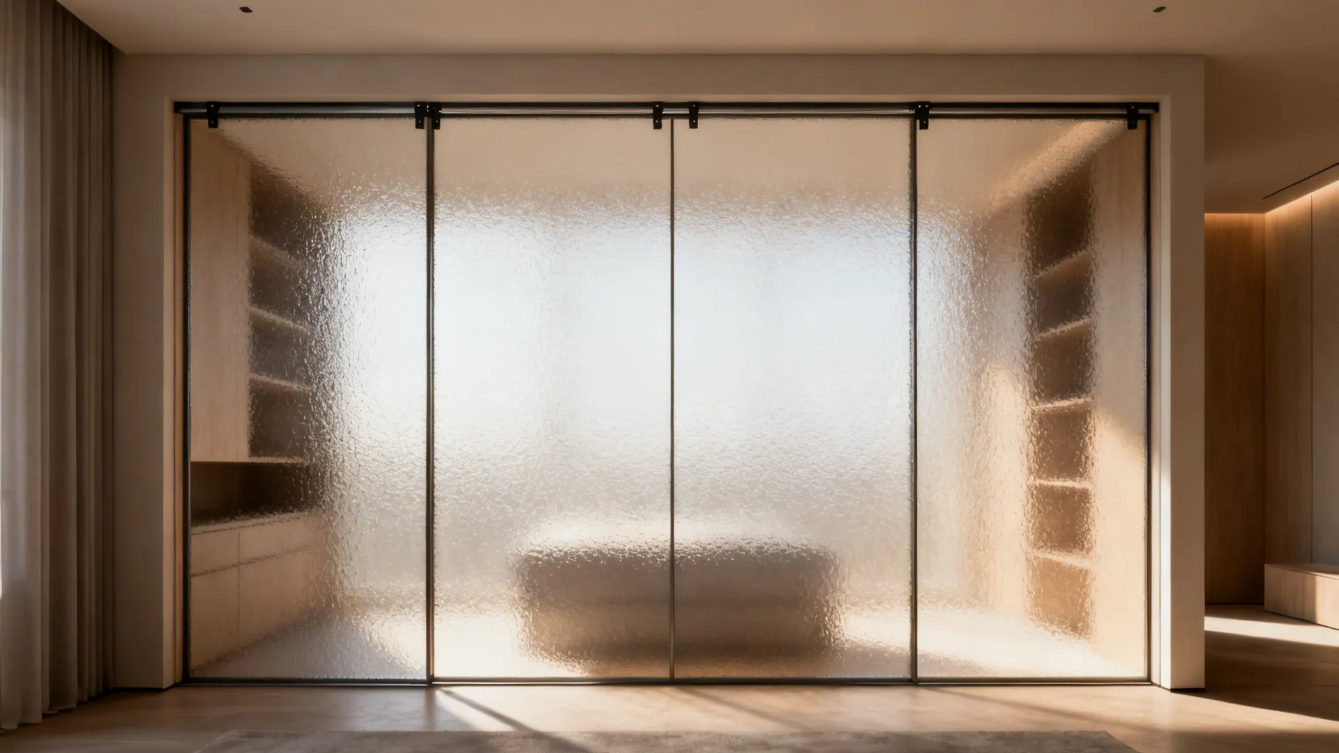 Sliding-door wardrobe with frosted panels used as a divider to hide closet storage.