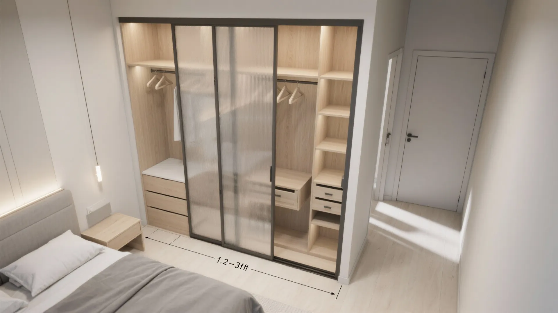 Sliding wardrobes and pocket doors to reclaim circulation