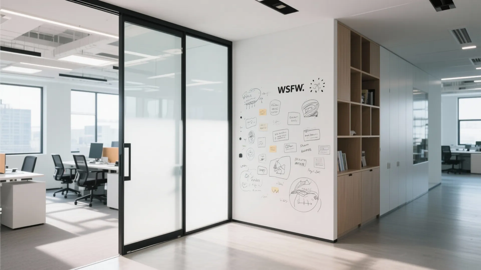 Sliding whiteboard panel in modern open-plan office