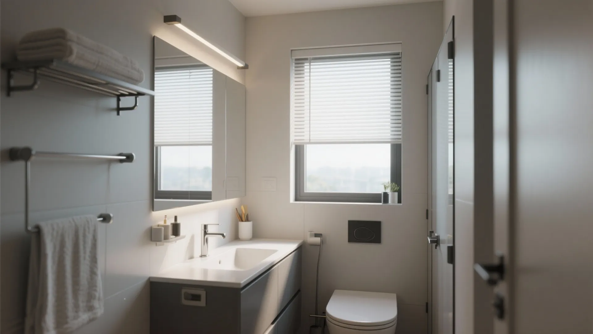 Small bathroom with sliding window for limited space