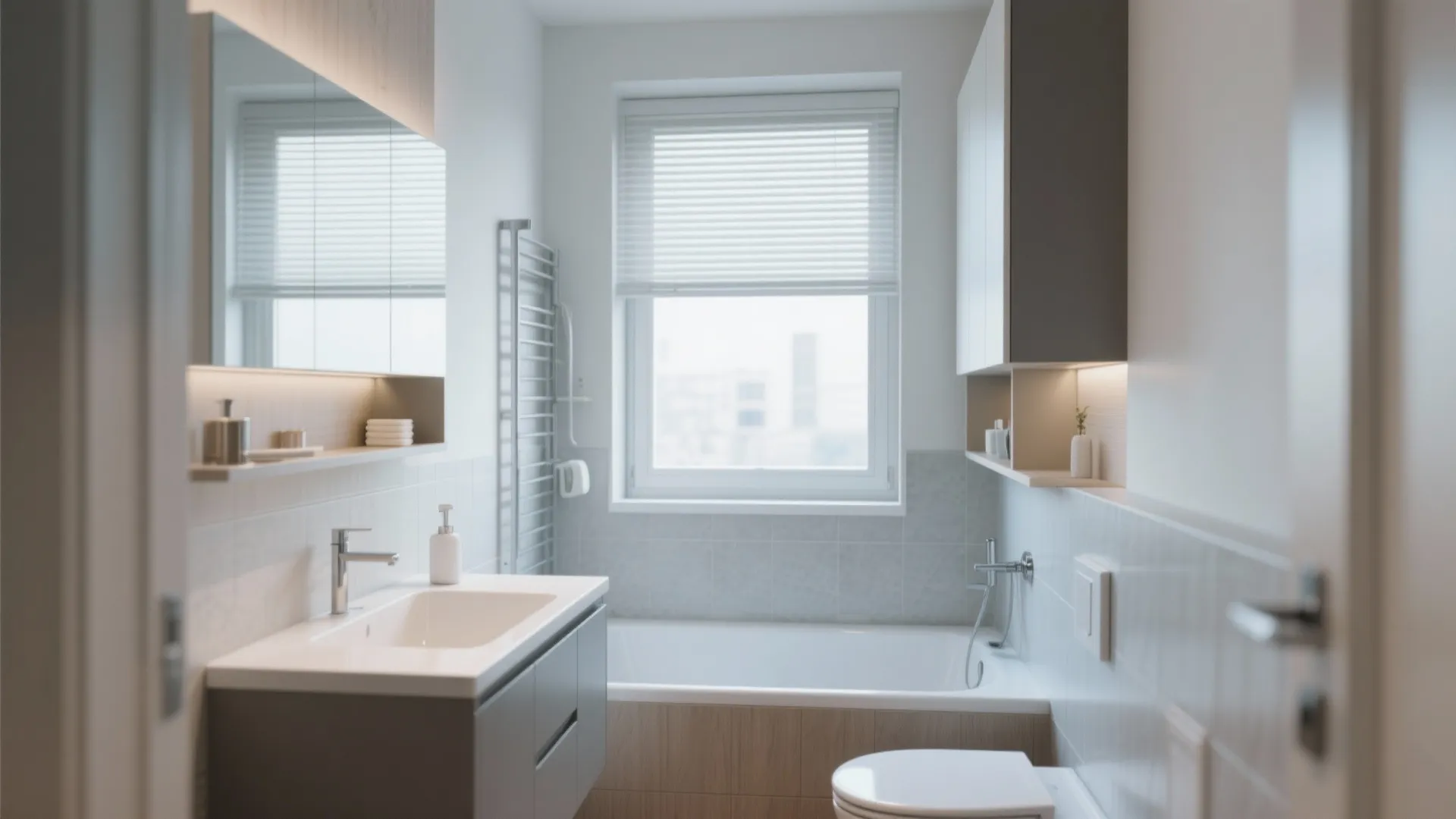 Modern white bathroom with sliding window blinds bathtub grey cabinet sink mirror and heated towel rack