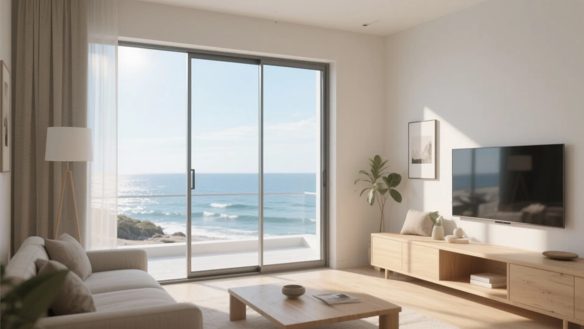 Modern bright living room with sliding glass doors opening to a beautiful blue ocean view