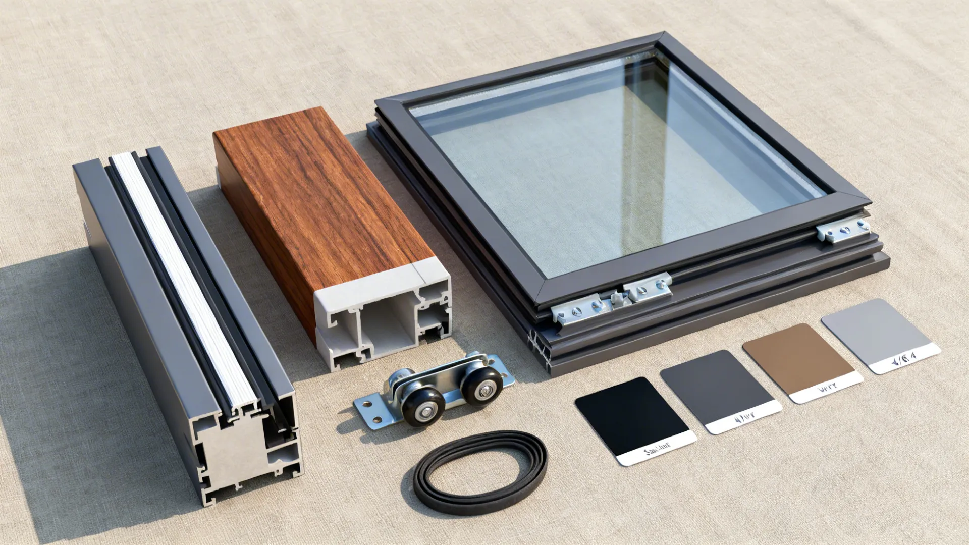 Window parts including frame sections glass panes rollers seals and color swatches on plain surface