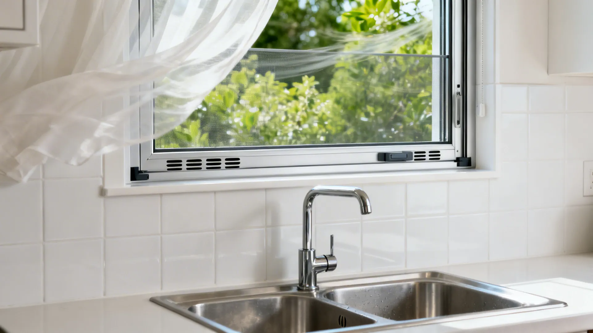 Small kitchen with a sliding window above the sink, anodized aluminum frame and insect screen.