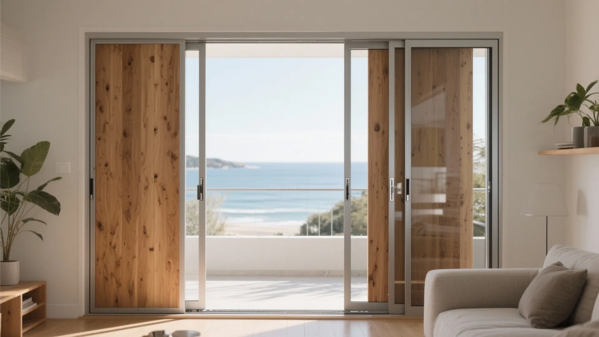 Modern sliding wood and glass doors opening to a balcony with a beautiful blue ocean view