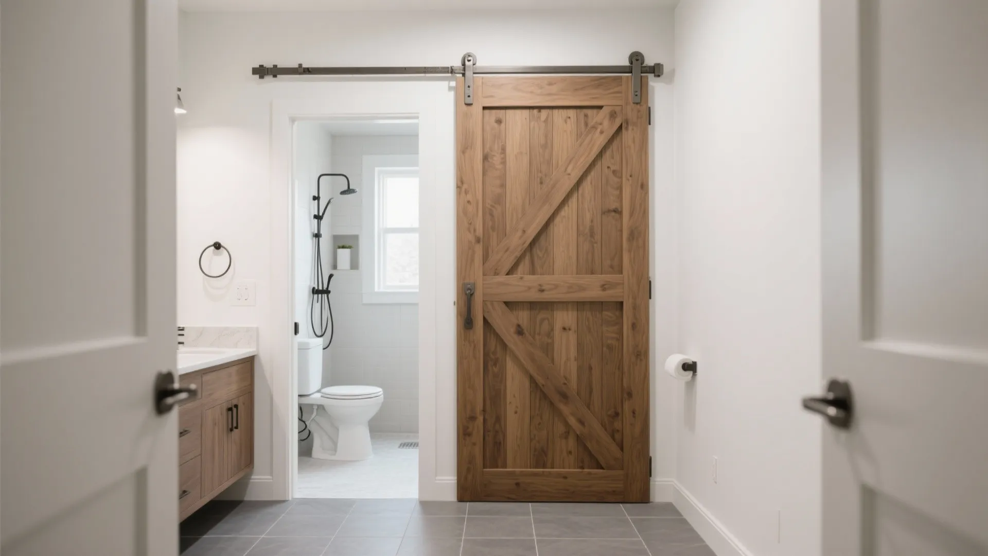 Wooden sliding door in a white bathroom with a toilet shower and wood sink cabinet unit