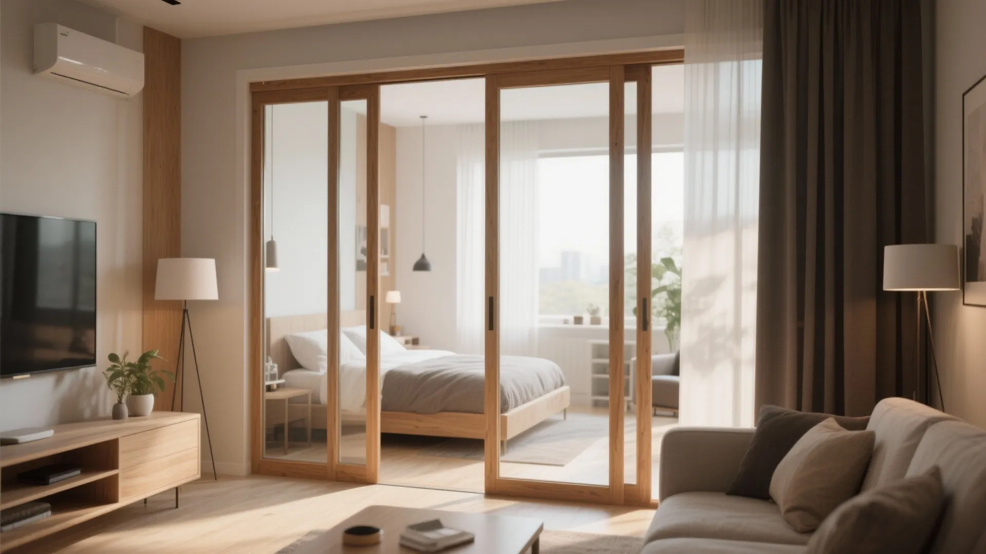 Living room view into bedroom through wooden sliding glass doors with bed and floor lamp