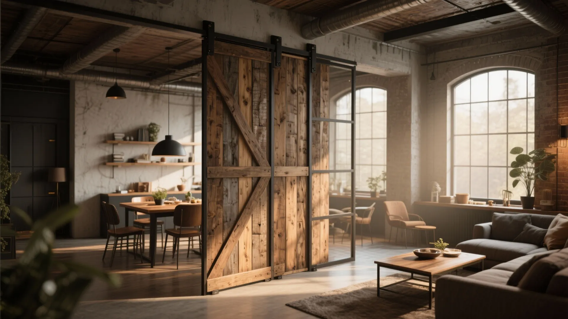 Industrial living room with sliding wood panels used as a room divider near dining table