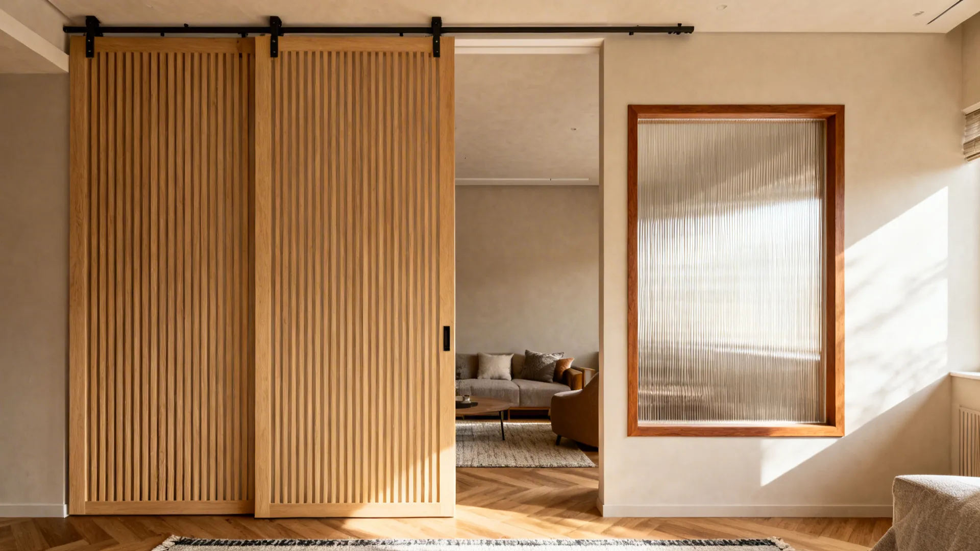 Warm wood slatted sliding panels on a ceiling track divide living and dining while letting light pass.