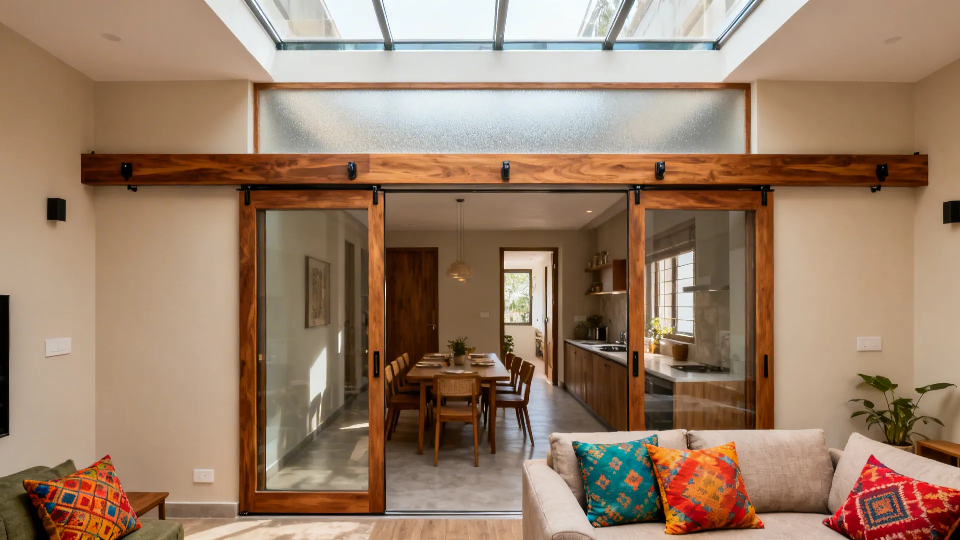 Sliding Glass with Wooden Track: Fluid Zoning for Busy Homes