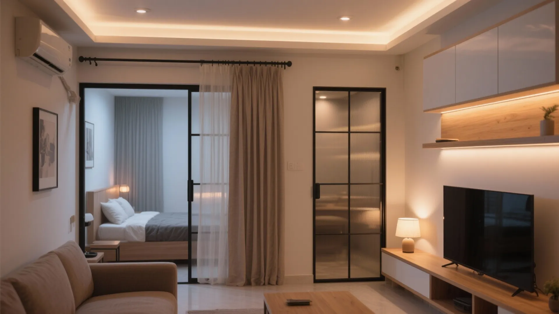 Modern living room with brown sofa and glass sliding door looking into a cozy bedroom