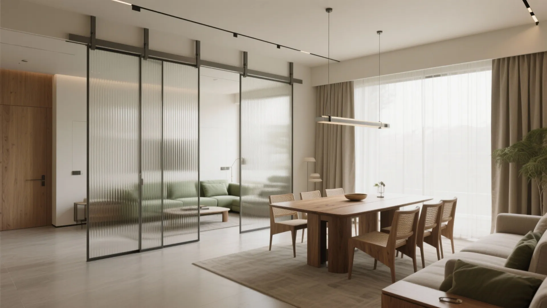 Flexible living–dining zoning with sliding partitions