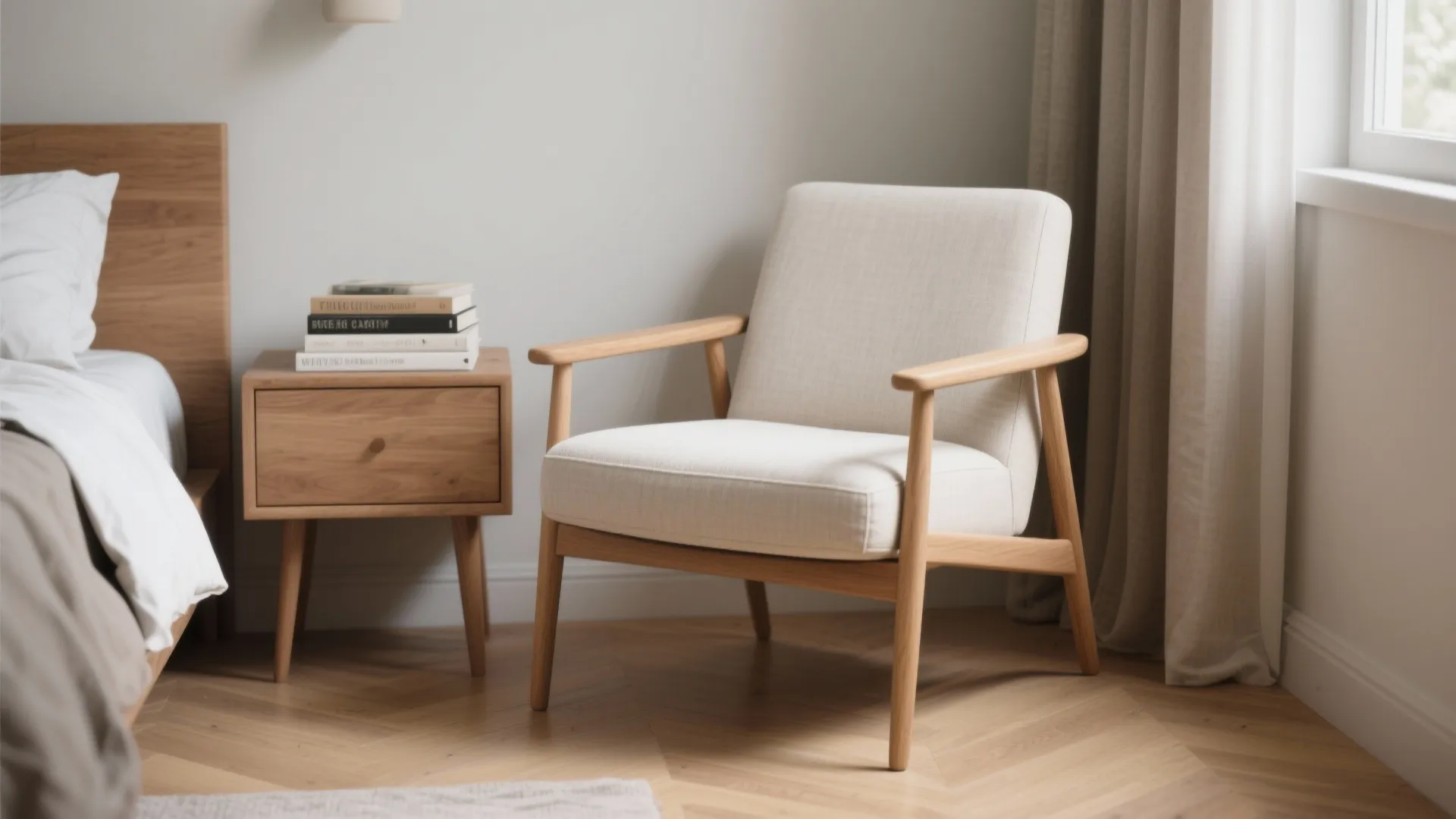 Modern white armchair with wooden frame next to a small wooden cabinet and comfortable bed