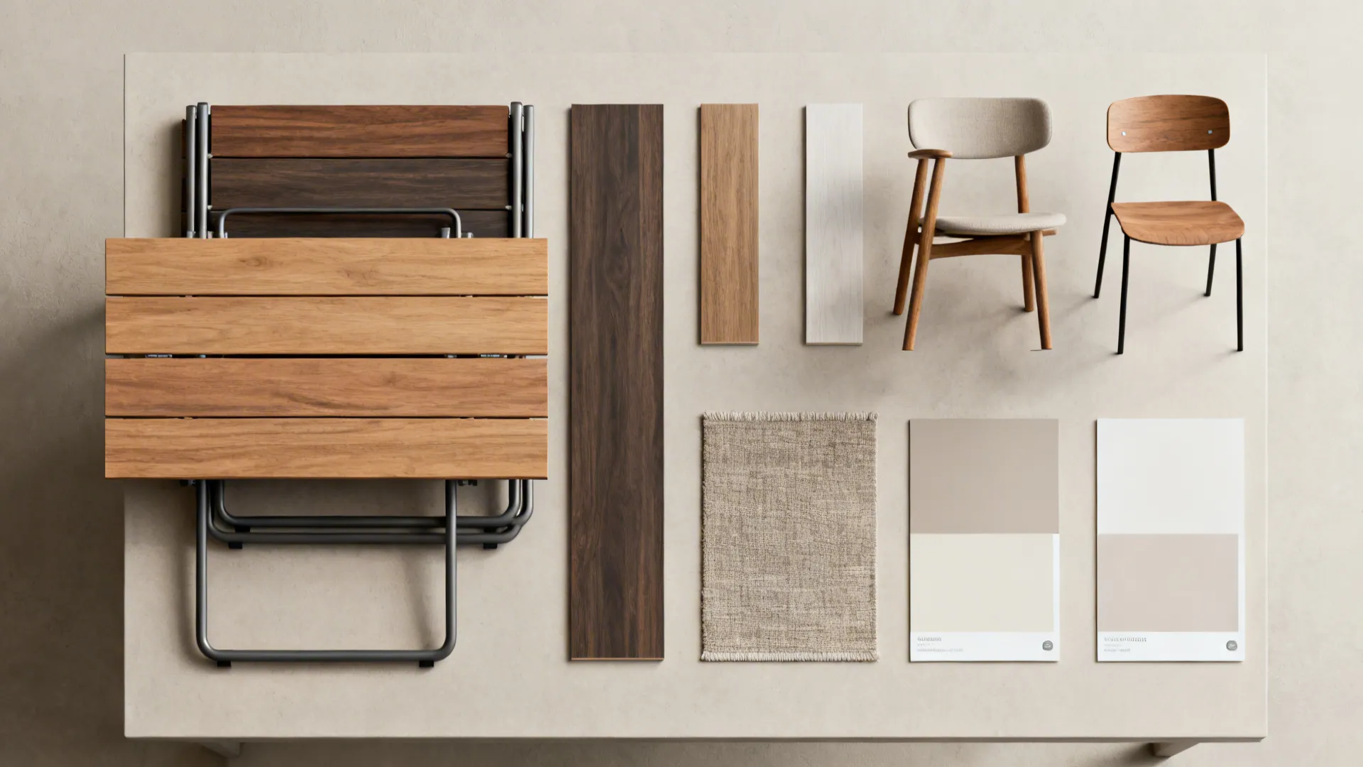 Flatlay of extendable table samples, stackable chairs, and material swatches for adaptable furniture choices.