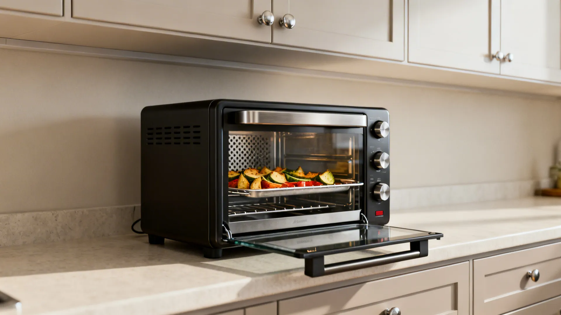 Slim air fryer‑toaster oven on a tidy galley counter with roasted vegetables.