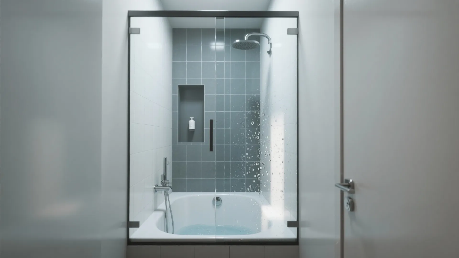 Modern bathroom with white bathtub blue wall tiles glass shower door and wall light fixture