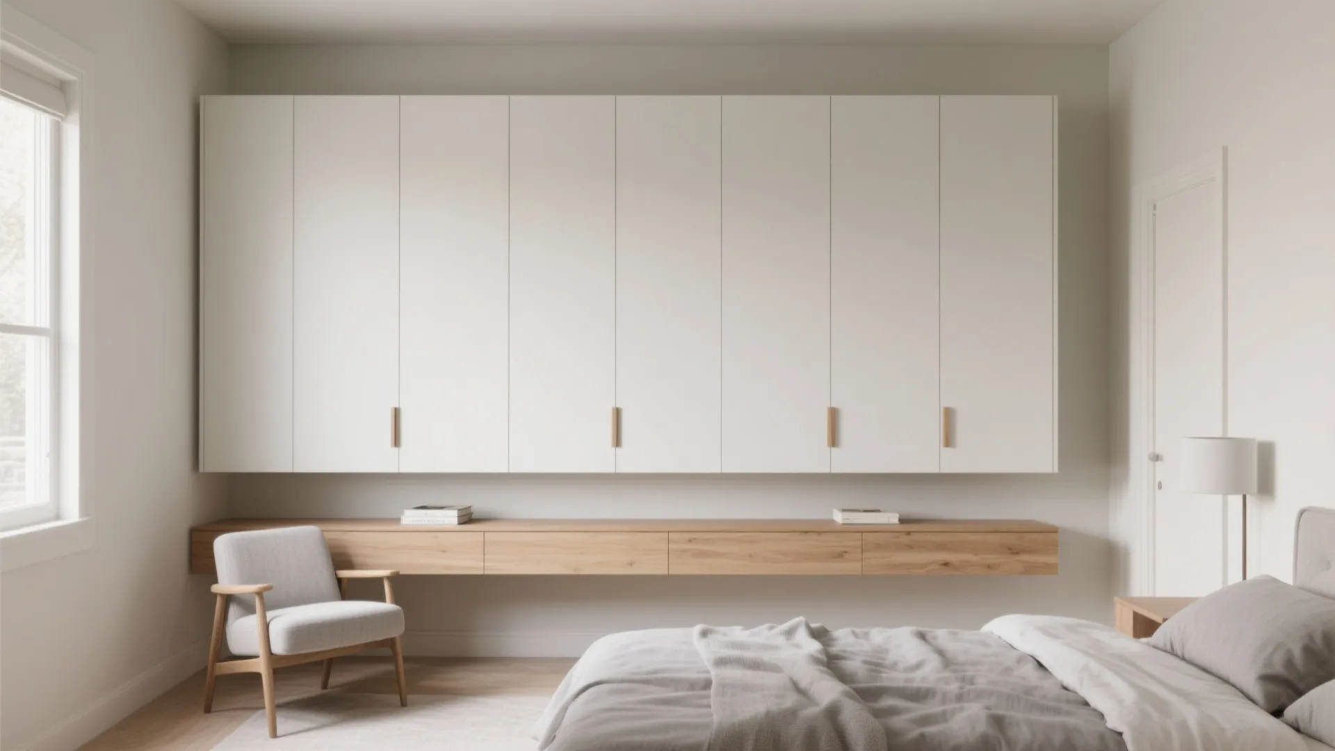 Slim white wall mounted cabinet above long wood shelf with grey armchair and cozy bed
