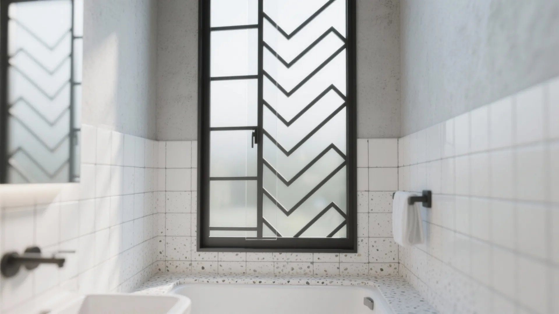Bathroom window with slim matte black chevron aluminum grill in a bright small bath