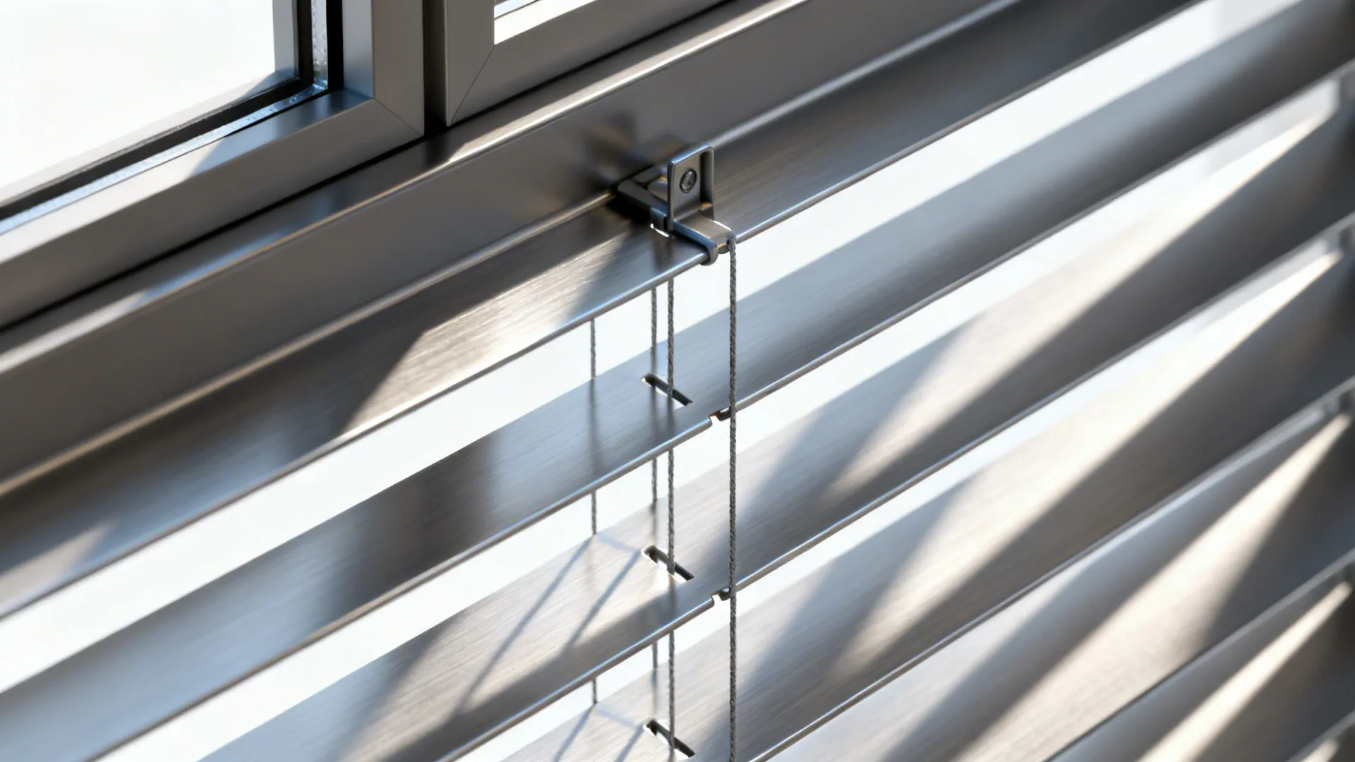 Slim aluminum venetian blinds angled to direct daylight with visible metallic texture