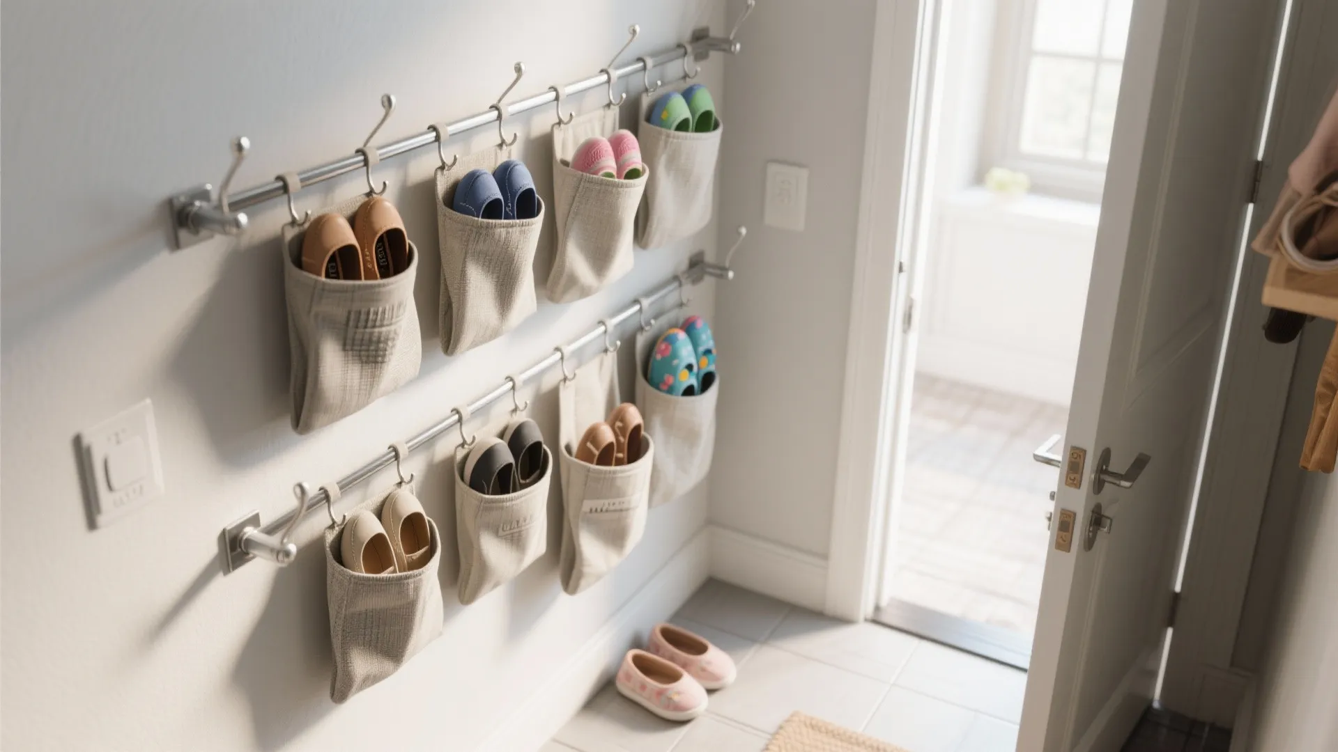 5. Slim angled wall racks and hanging pockets