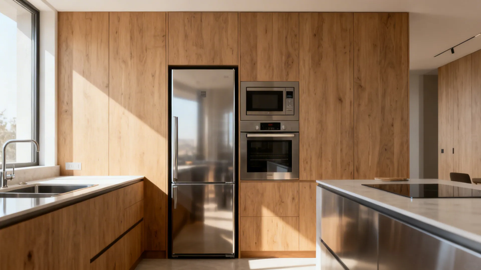 Narrow appliance column with slim fridge and stacked oven-microwave freeing counter space.