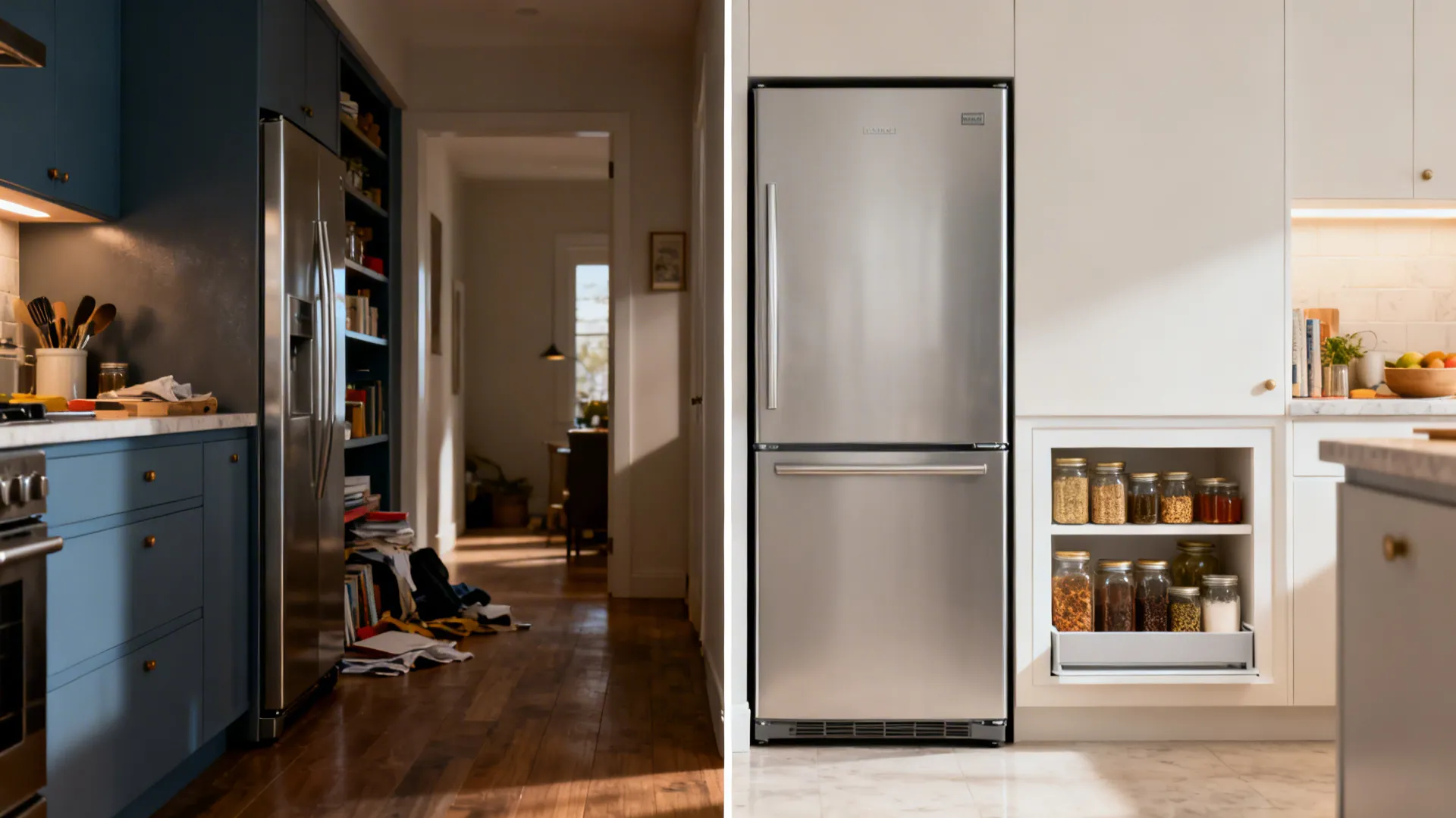Before-and-after comparison of an 8x8 kitchen showing space gained with a counter-depth fridge and pocket pantry.