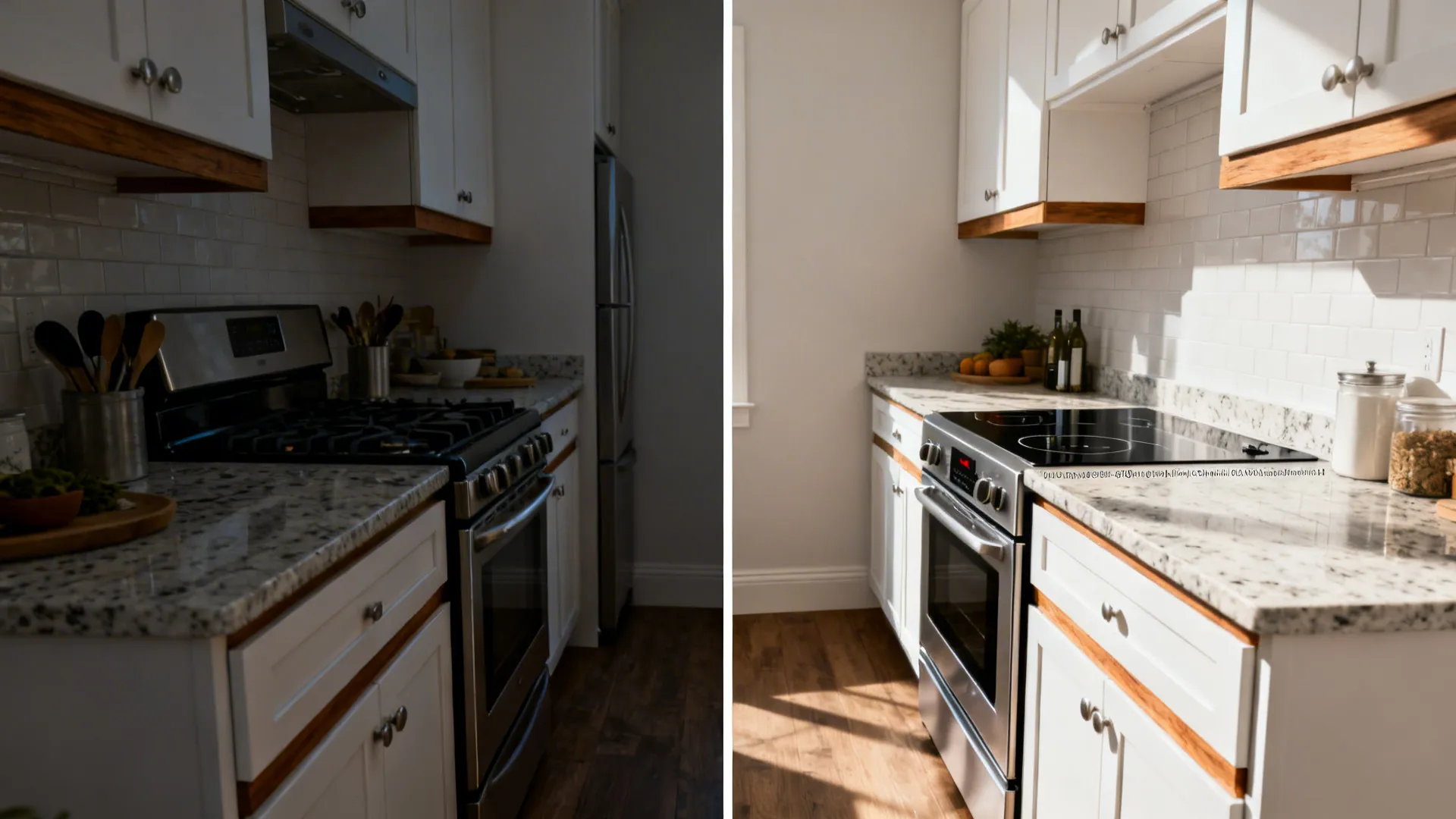 Before-and-after of a narrow kitchen switching from a 30-inch to a 24-inch range to add prep space.