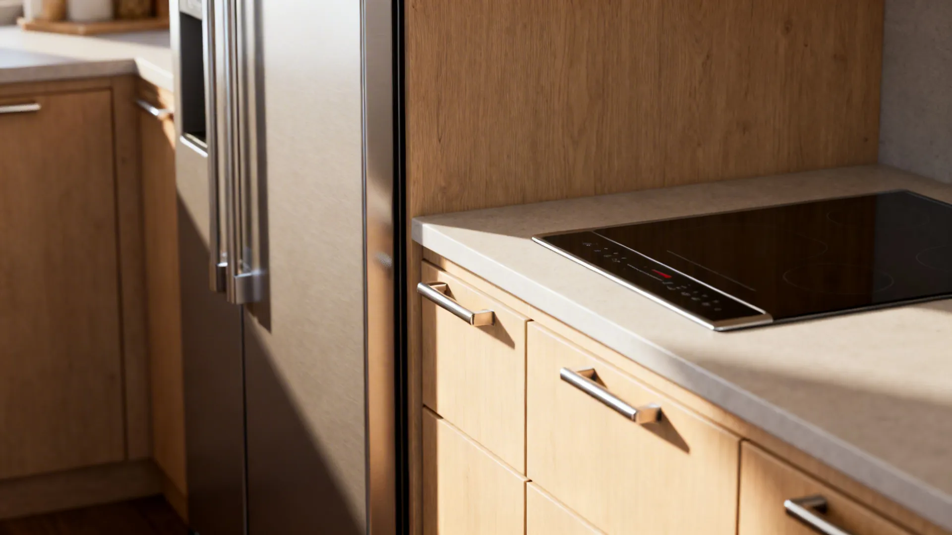 Close-up of a slim integrated fridge door and narrow induction cooktop in a small kitchen