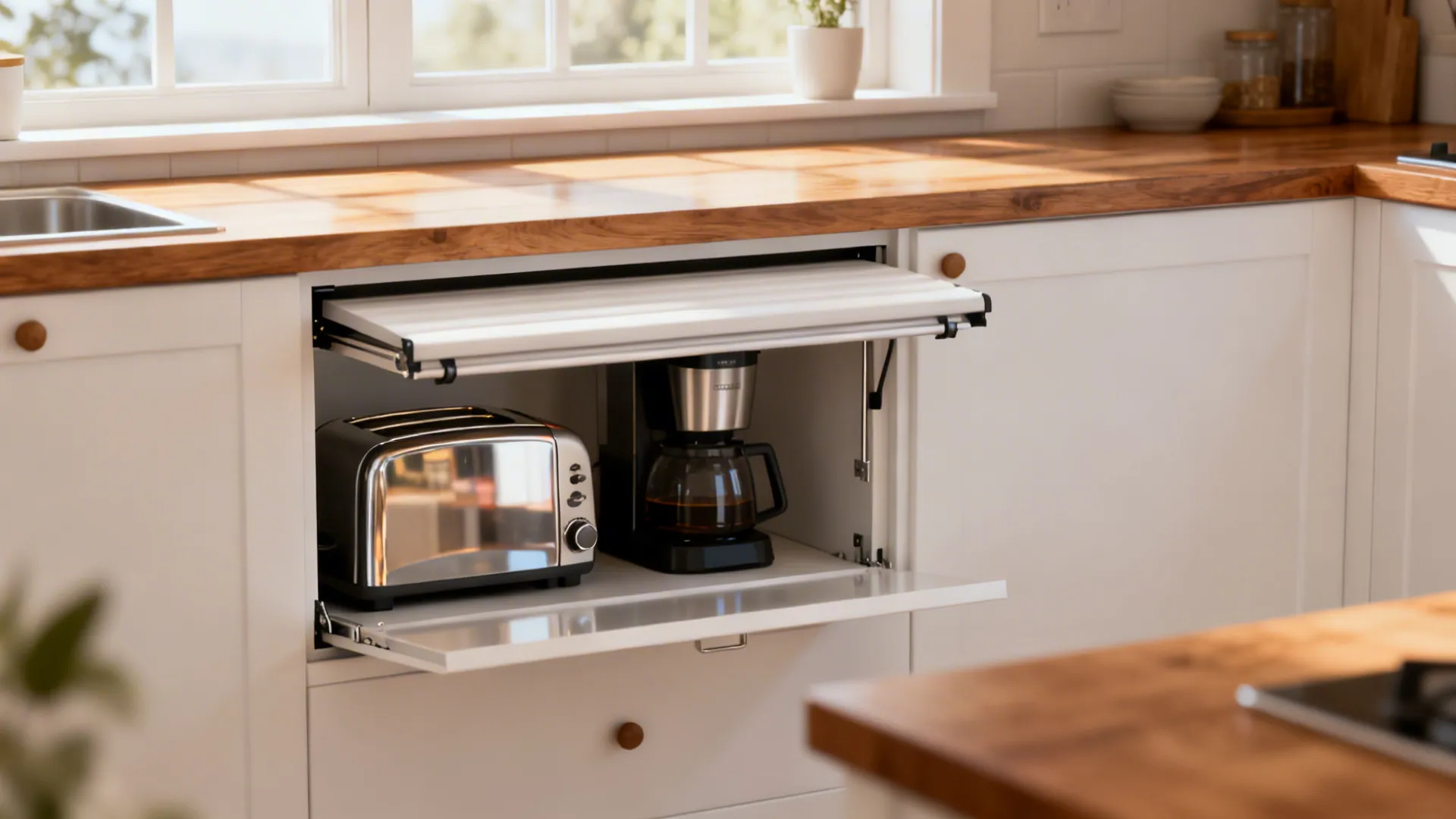 White kitchen cabinet with open door storing a toaster and coffee maker under wood counter