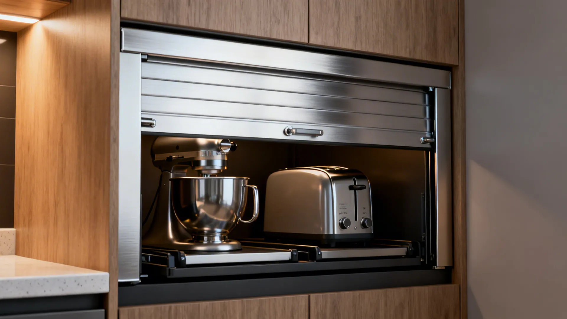 Close-up of a slim roll-up appliance garage hiding a mixer and toaster on a tidy kitchen counter.