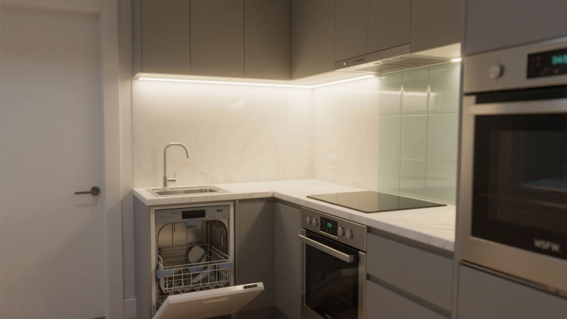 Small kitchen with under-cabinet LED lighting and slim 24-inch stainless appliances.