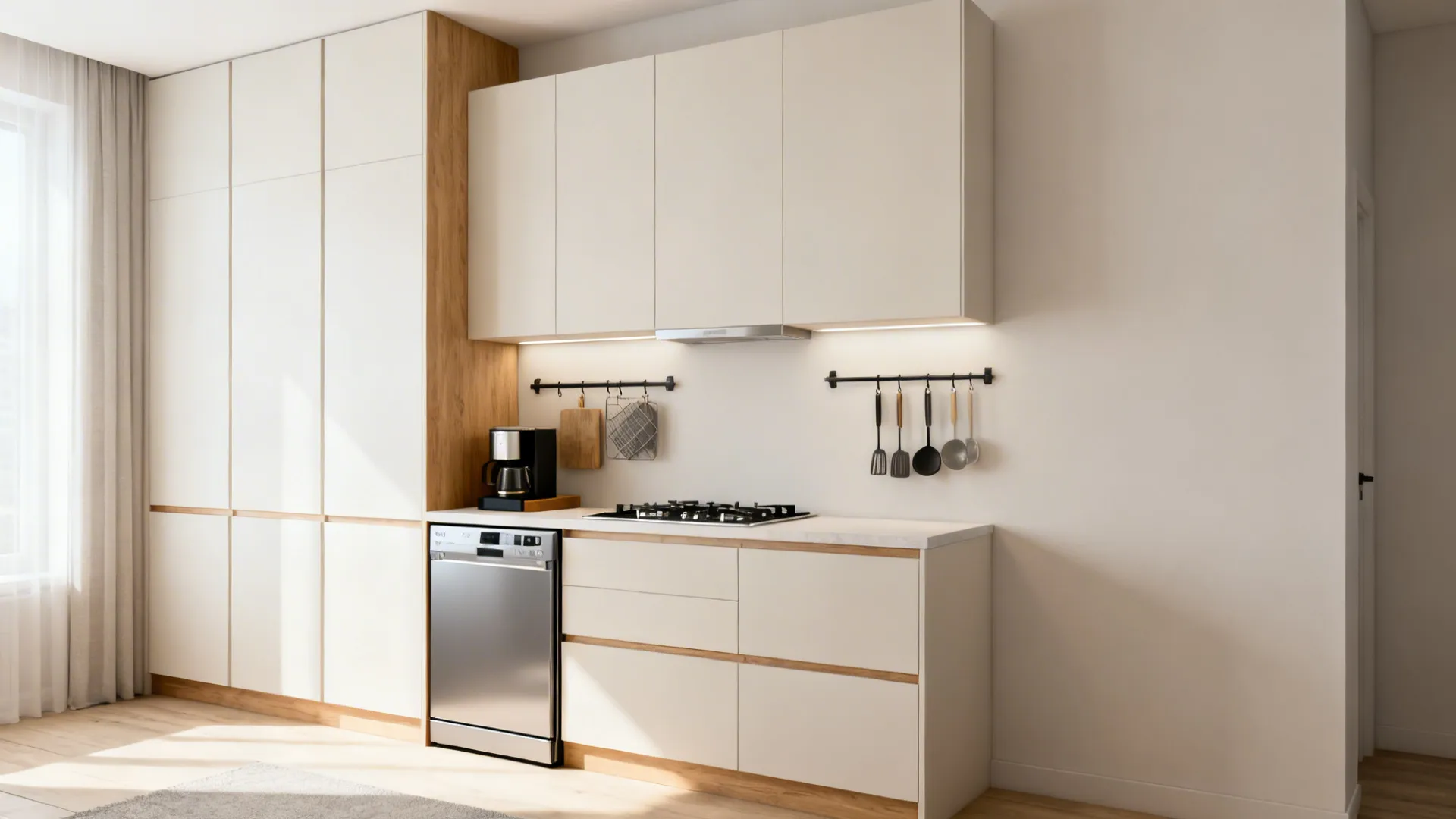 One-wall kitchen with slim 45 cm dishwasher, 50 cm cooktop, and full-height cabinets creating a coffee station.
