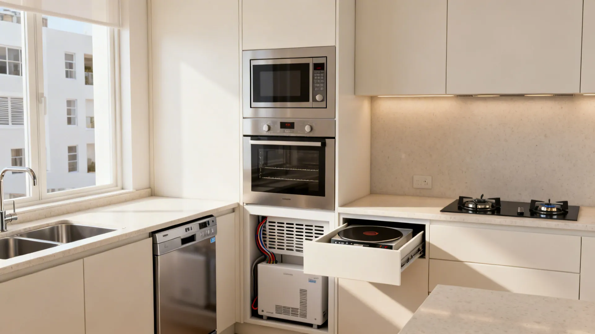 Compact kitchen with a 450 mm dishwasher, combo microwave-convection oven, and portable induction with gas backup.