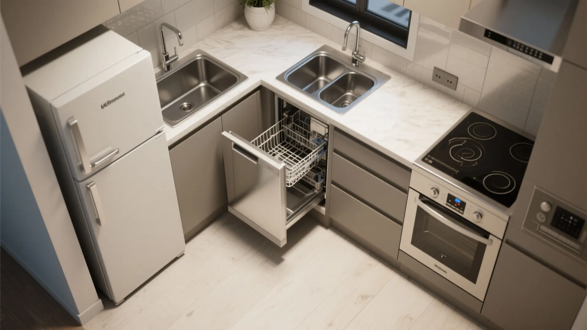 Top view of a small kitchen with white fridge, stove, oven, sink, and open dishwasher