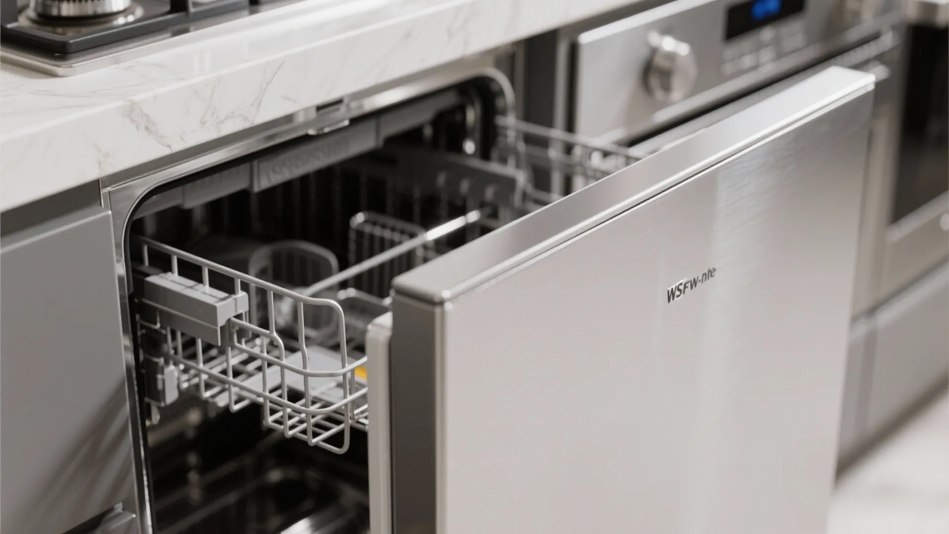 Slim stainless steel kitchen appliances close-up