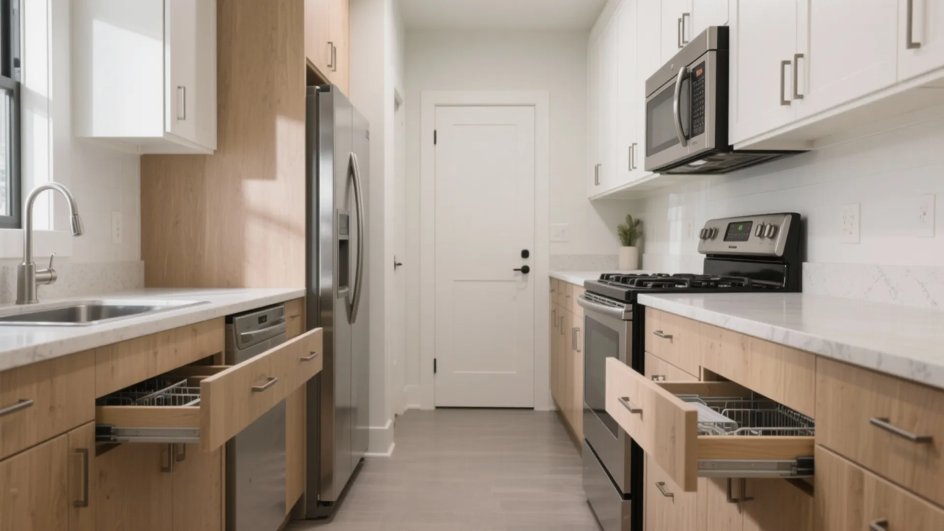 Modern narrow kitchen featuring wooden cabinets with open drawers, stainless steel refrigerator, and white tiled walls