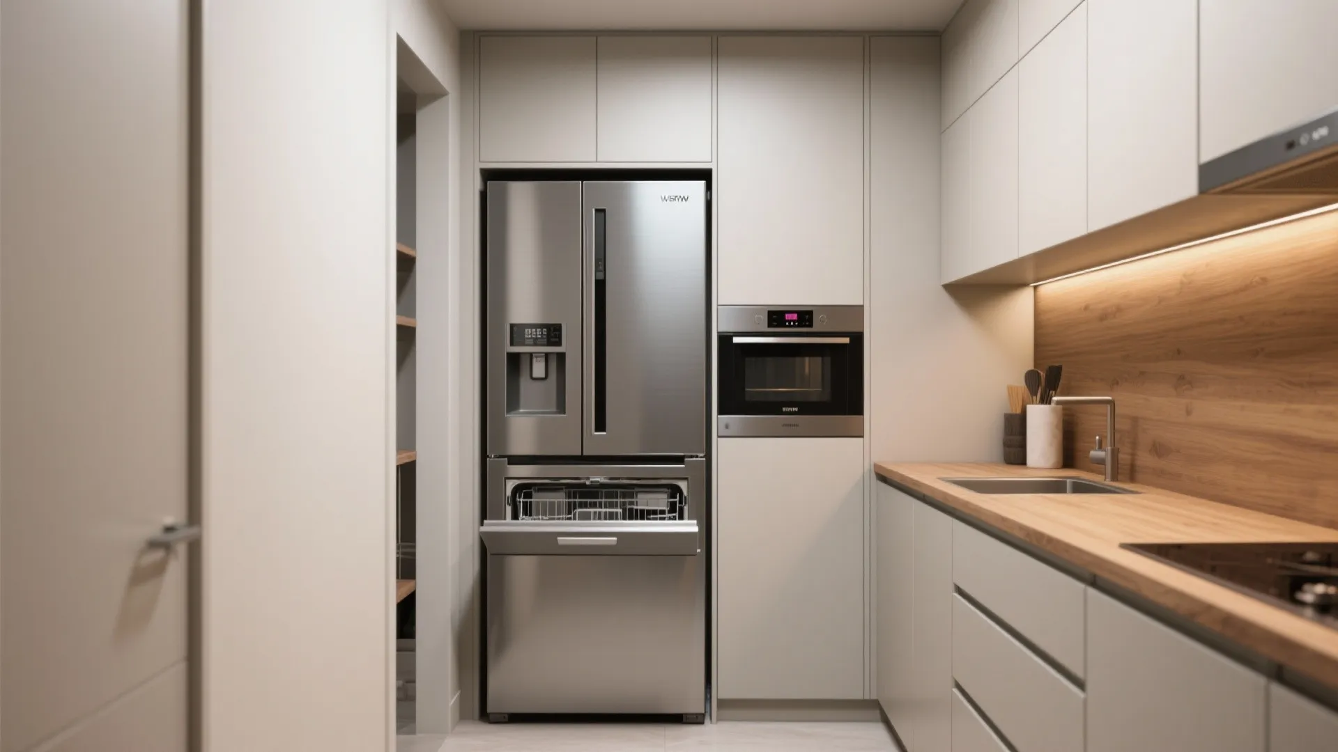 Modern kitchen design featuring a large silver refrigerator oven and open dishwasher integrated into white cabinets