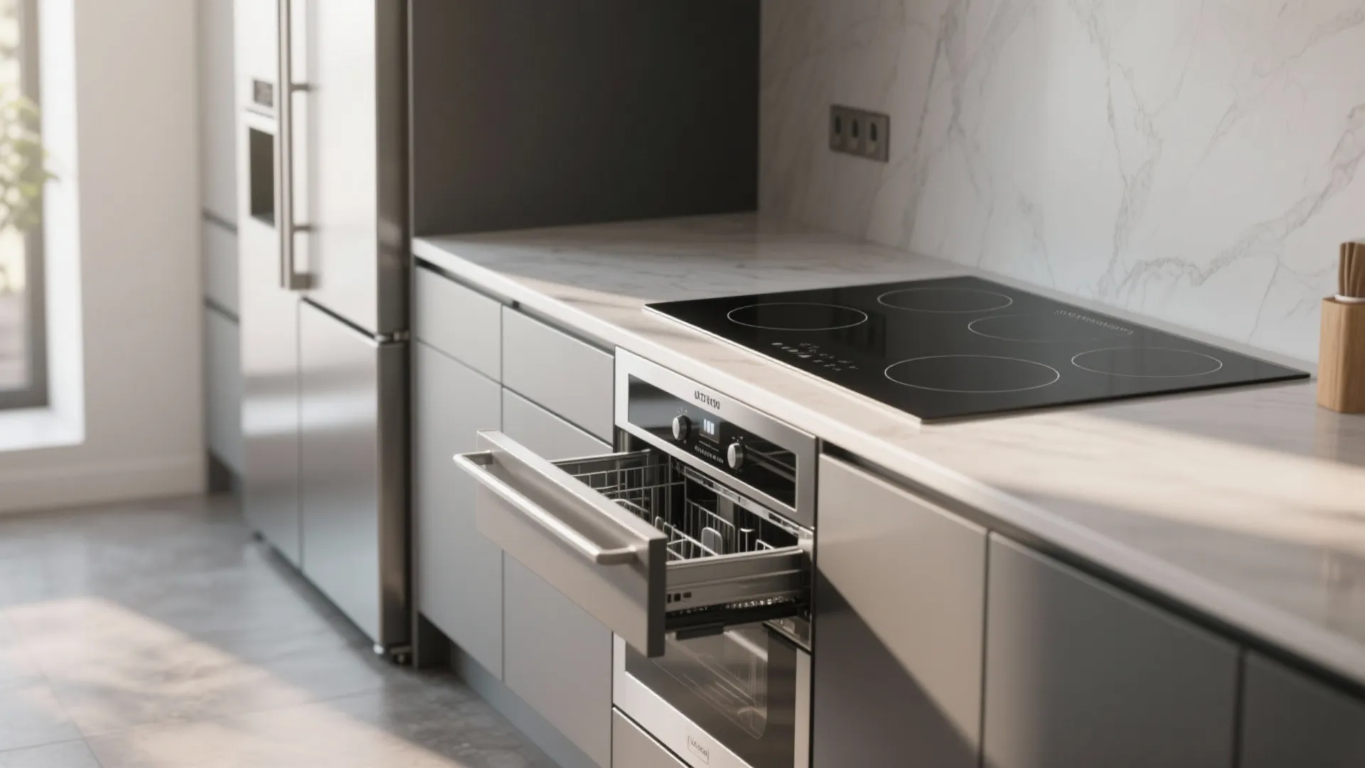Modern kitchen with black electric stove top and an open silver dishwasher drawer under marble countertop