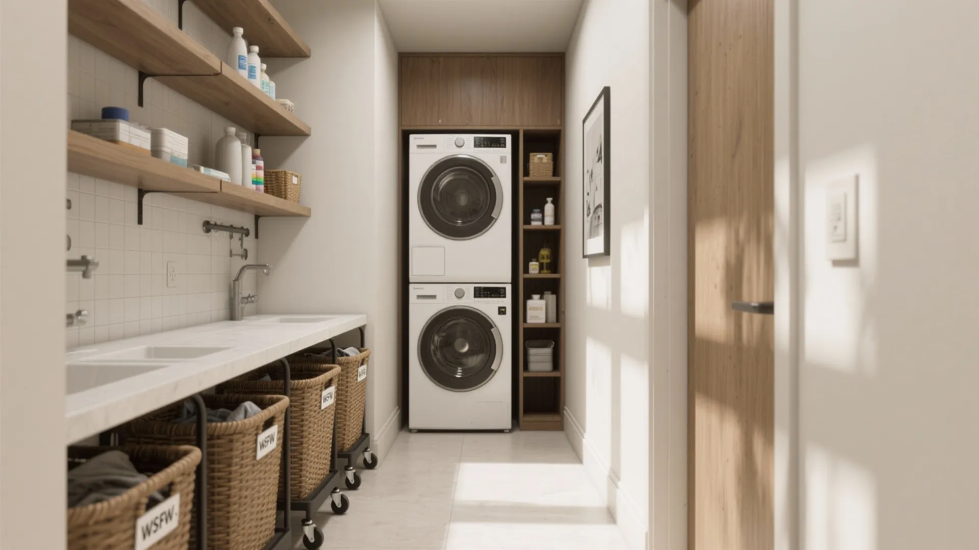 Laundry room with stacked washing machine dryer wooden shelves laundry baskets and sink under light
