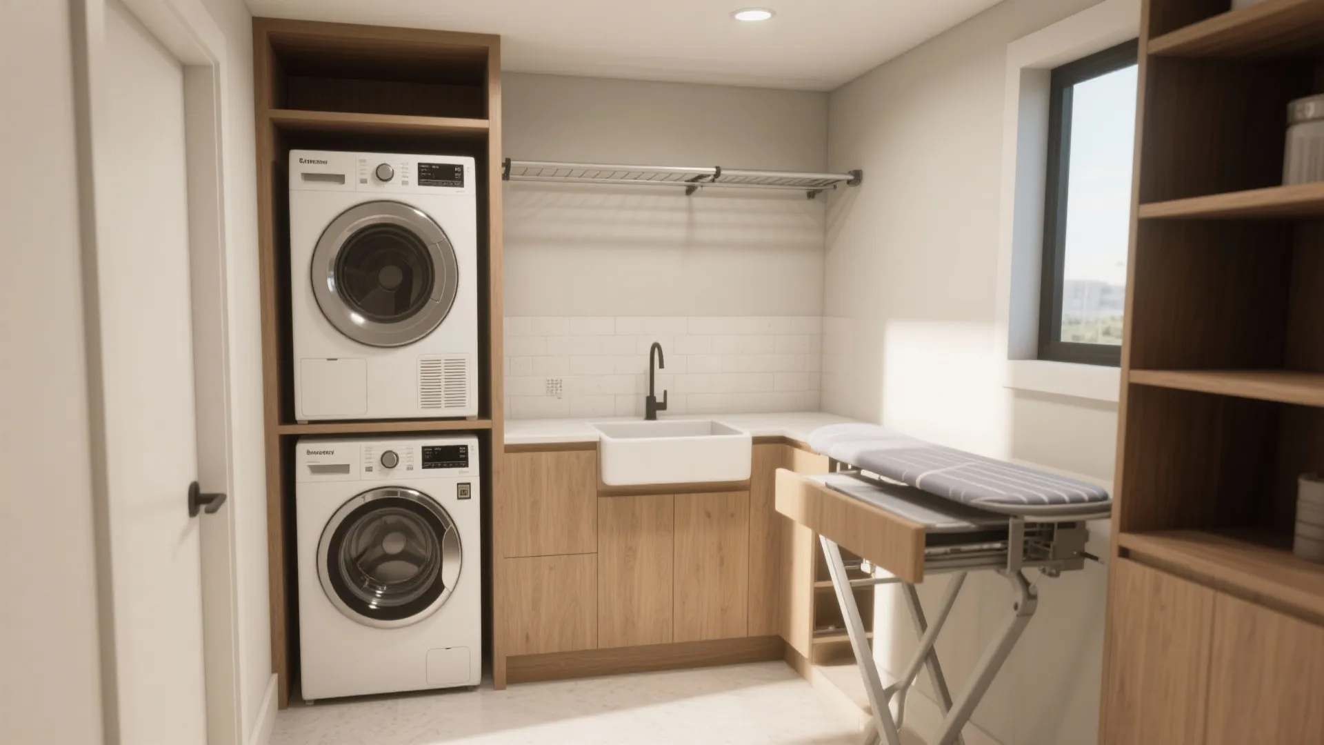 Stacked washing machine and dryer in wood cabinet next to white sink and ironing board