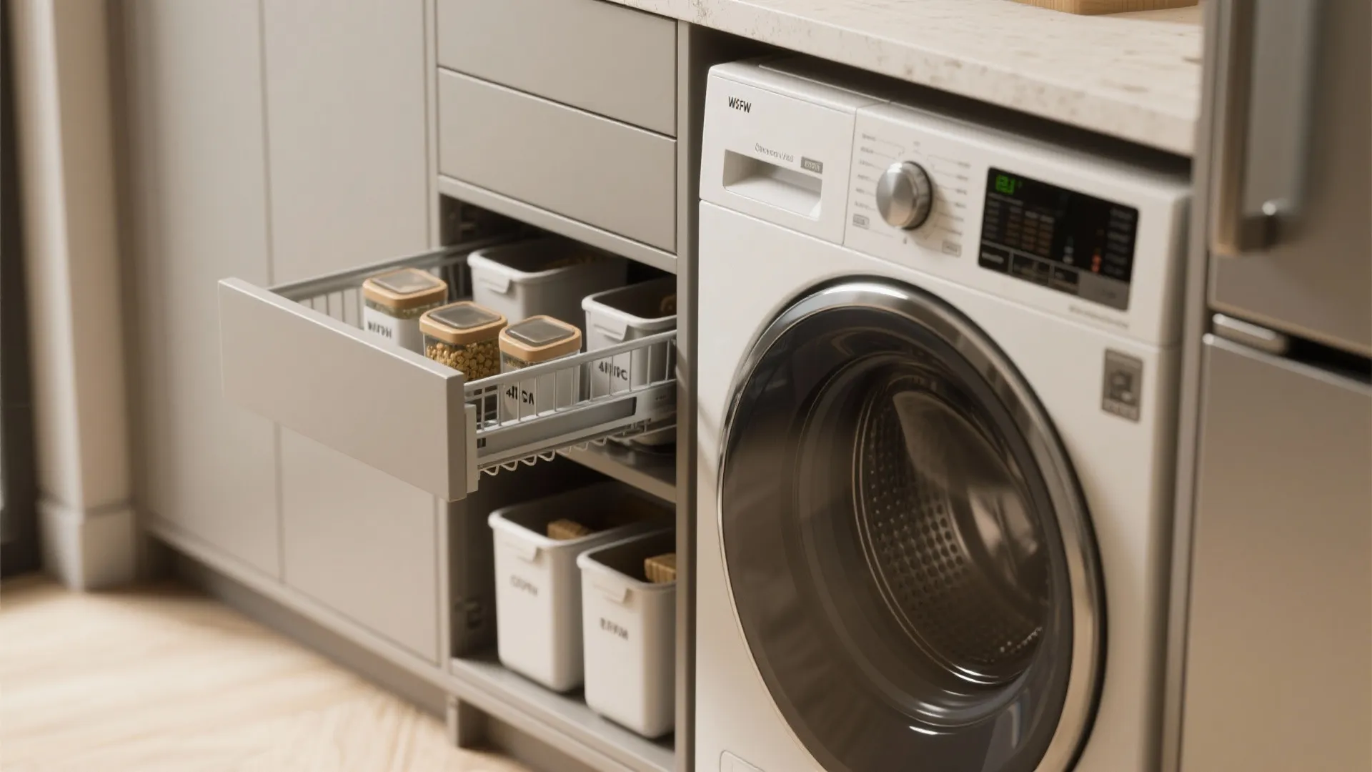 Close up of a washing machine next to an open pull out drawer with containers