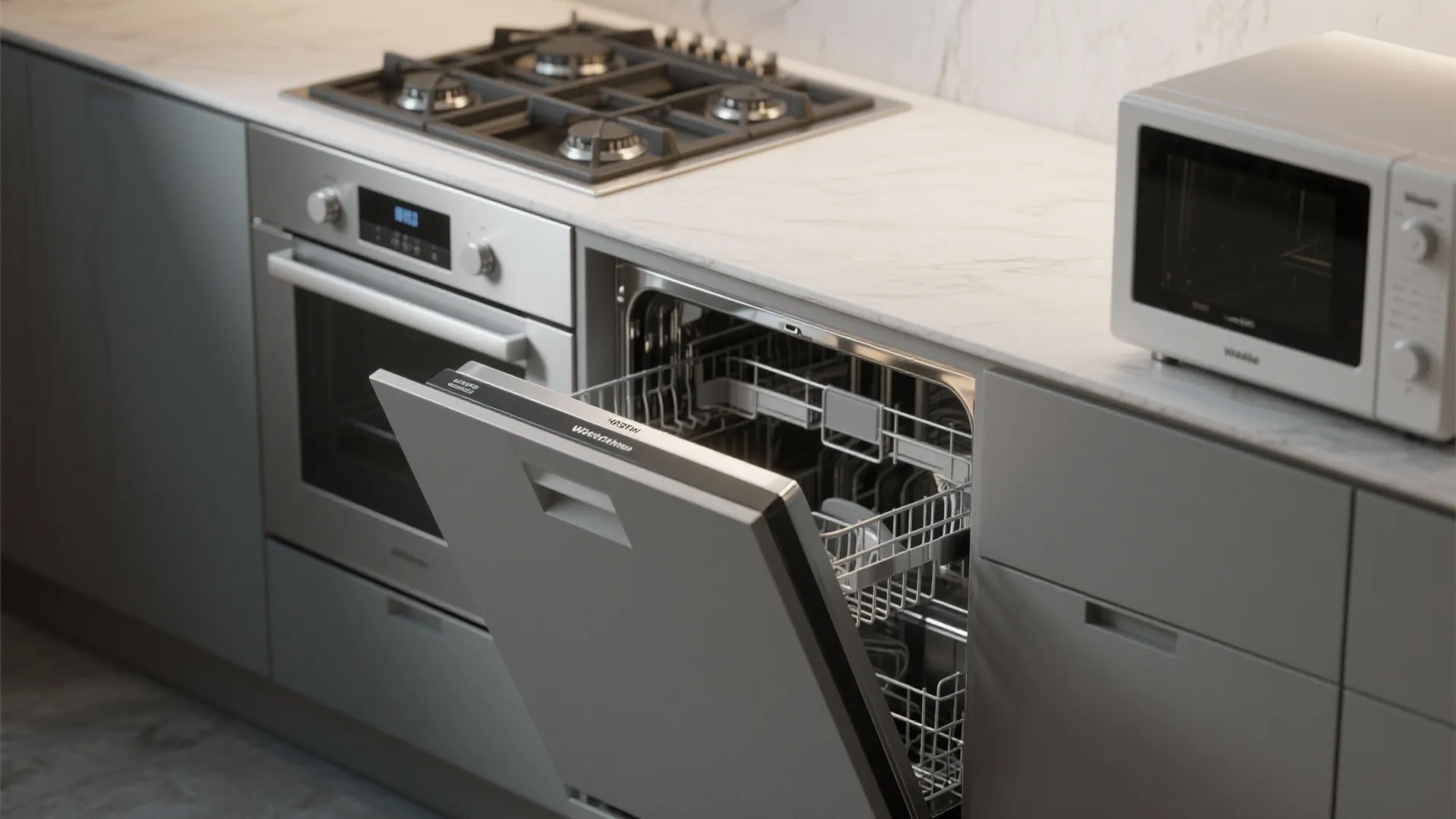 Modern kitchen with open dishwasher, silver oven, gas stove, and white microwave on marble countertop