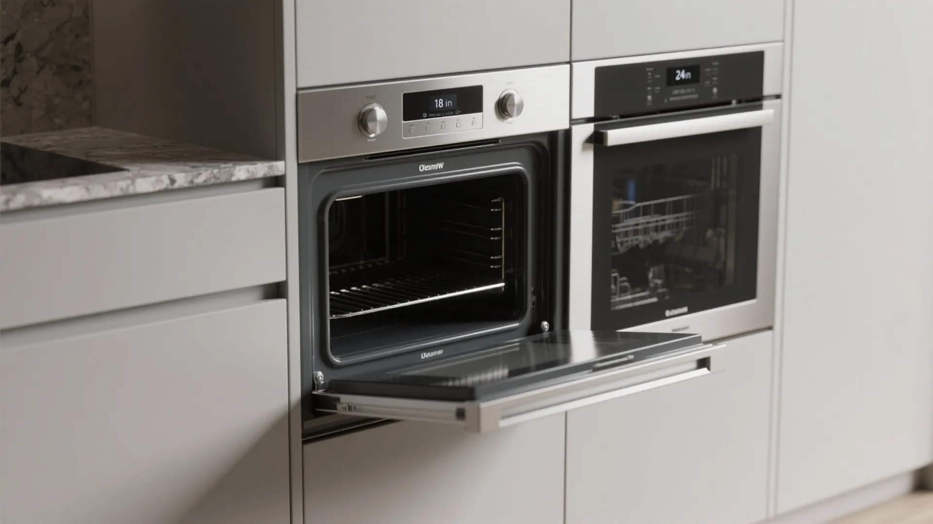Modern kitchen with built-in stainless steel oven and dishwasher integrated into sleek light grey cabinets