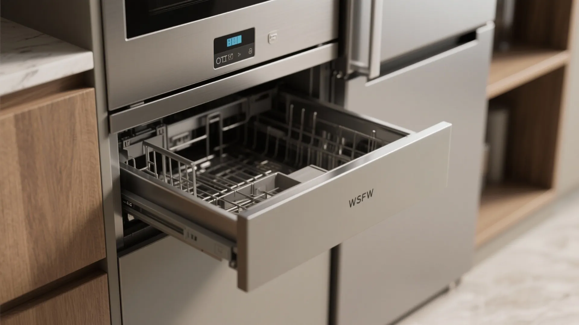 Modern silver dishwasher drawer pulled open in a kitchen cabinet next to wooden storage shelves