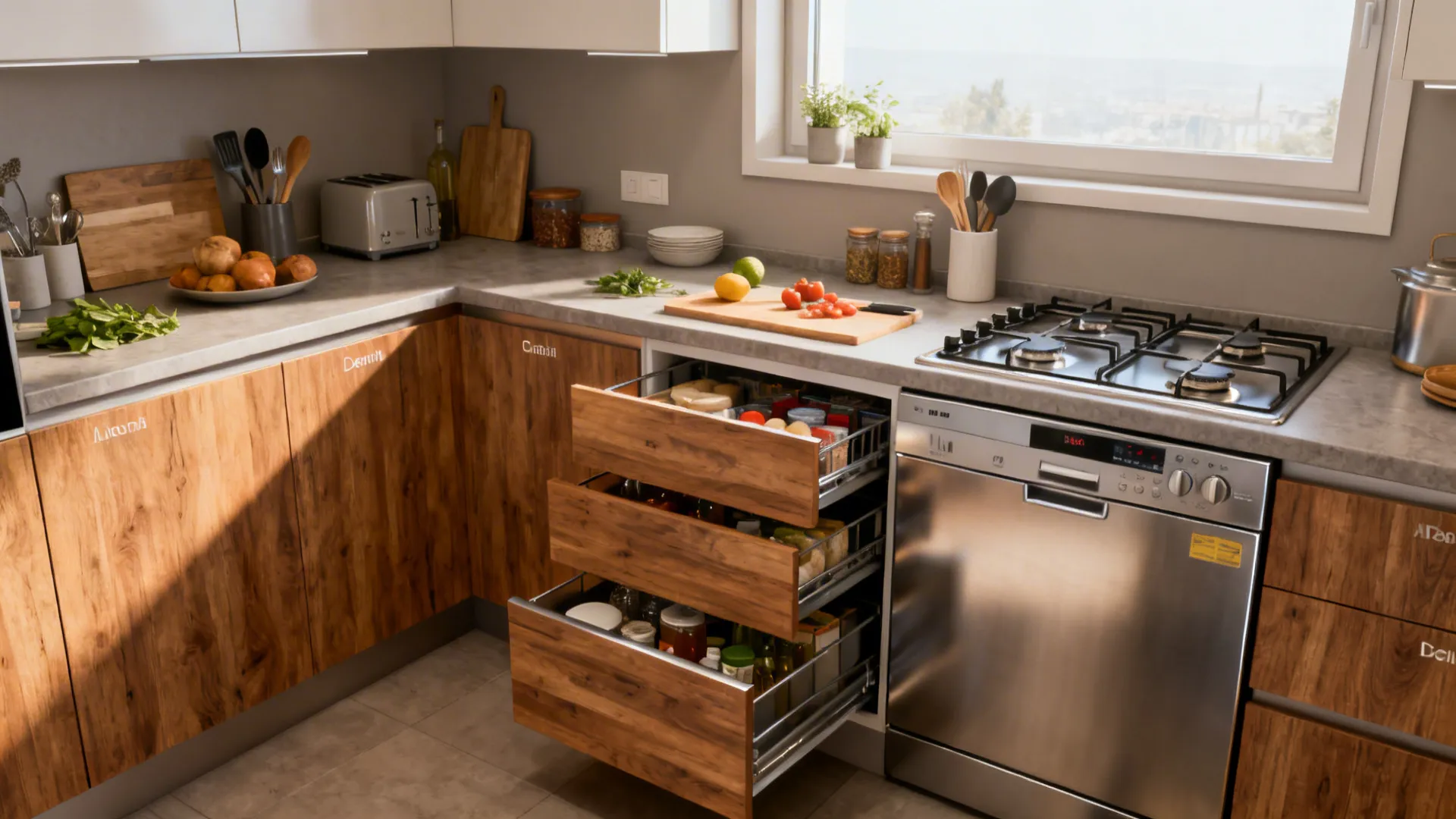 Compact kitchen with a 60 cm hob, slim dishwasher, and zone-based drawers in a clean L layout.