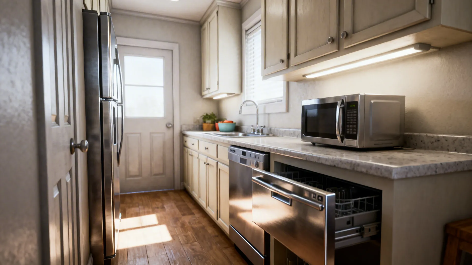 Narrow kitchen showcasing slimline refrigerator, 18-inch dishwasher and under-counter drawer microwave