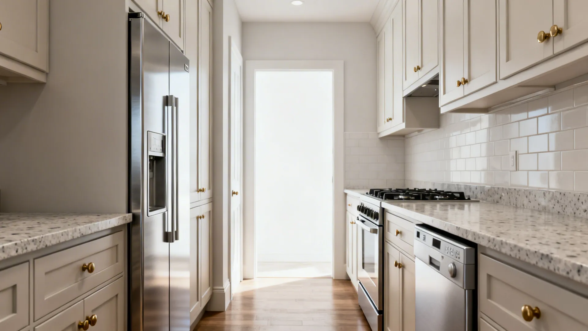 Narrow galley kitchen with slim refrigerator and shallow-depth cabinetry preserving a clear traffic aisle