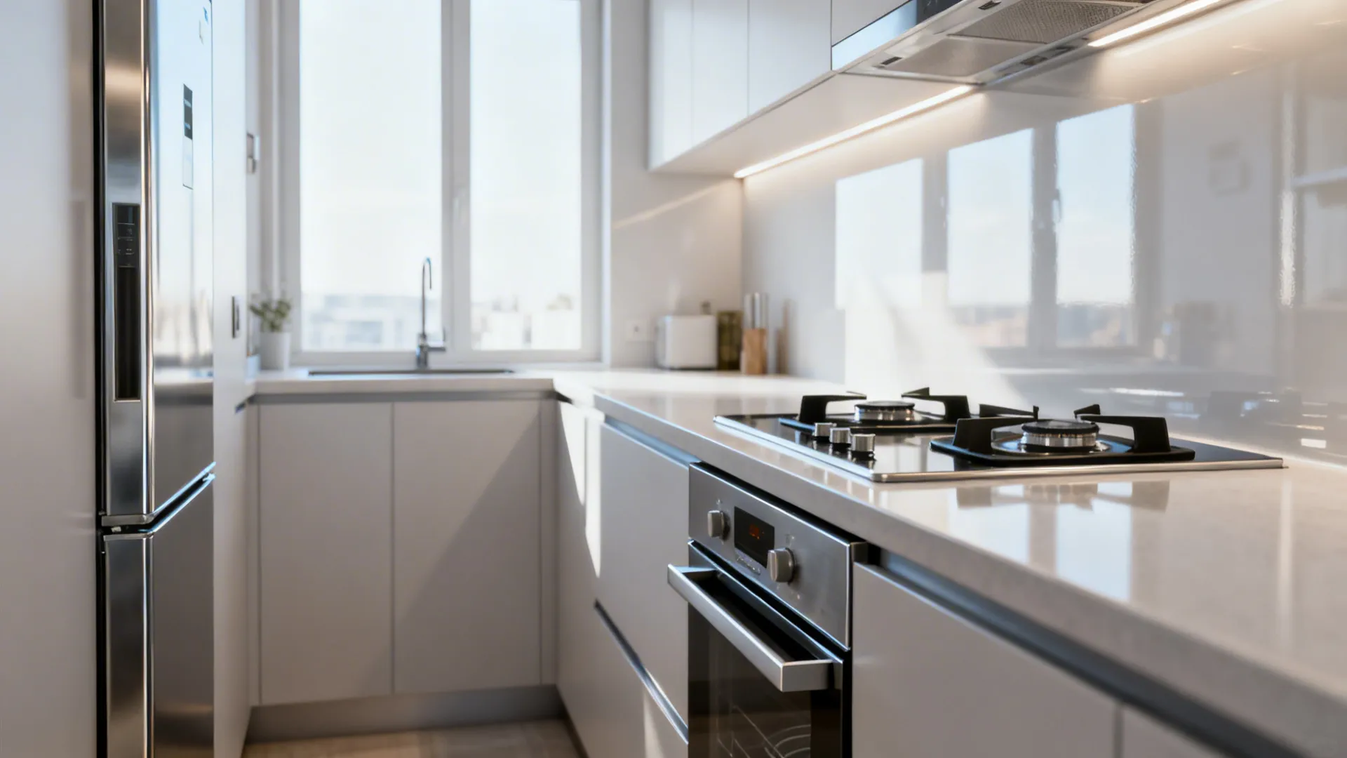 Small kitchen with slim fridge, two-burner range and integrated dish drawer for improved flow.