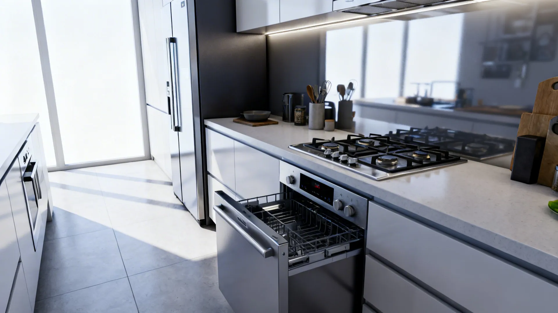 Small kitchen with narrow fridge and integrated drawer dishwasher keeping counters clear