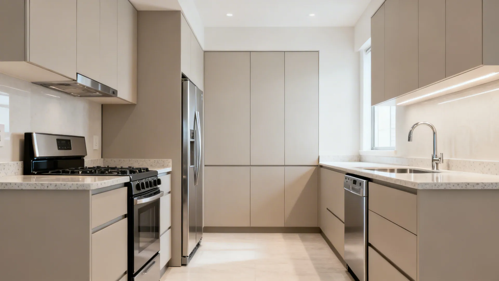 Narrow kitchen layout with beige cabinets stainless steel fridge oven dishwasher sink and bright under-cabinet lighting
